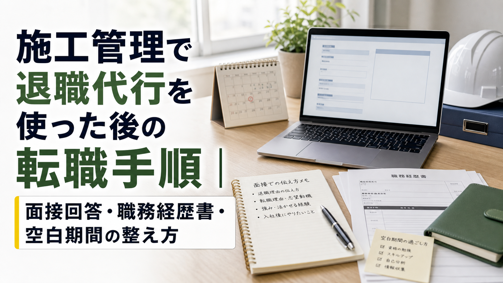 施工管理で退職代行を使った後の転職手順|面接回答・職務経歴書・空白期間の整え方の内容を表した施工管理向けアイキャッチ画像