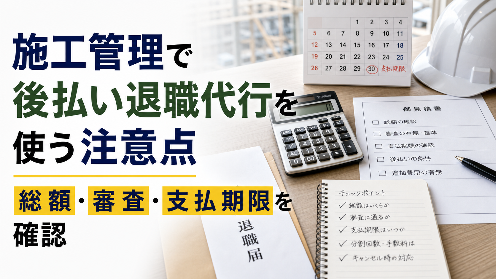 施工管理で後払い退職代行を使う注意点|総額・審査・支払期限を確認の内容を表した施工管理向けアイキャッチ画像