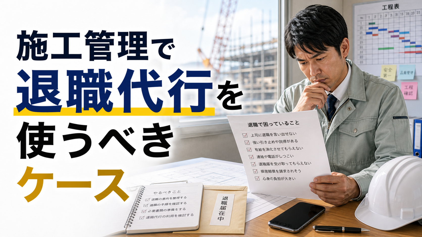 施工管理で退職代行を使うべきケースの内容を表した施工管理向けアイキャッチ画像