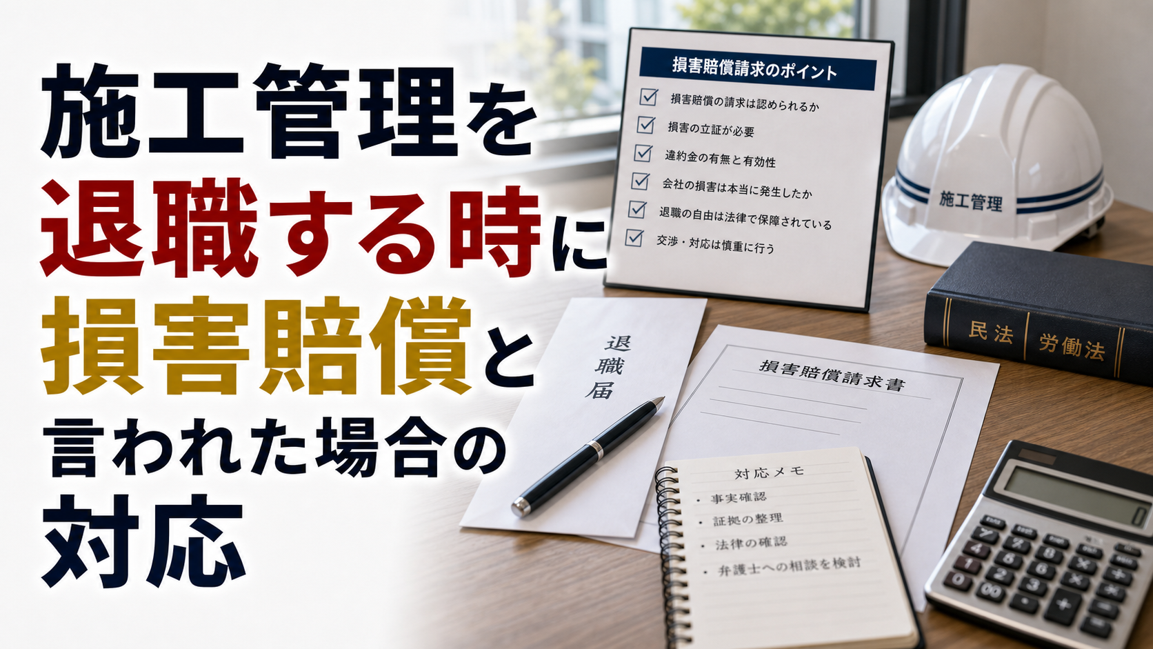 施工管理を退職する時に損害賠償と言われた場合の対応の内容を表した施工管理向けアイキャッチ画像