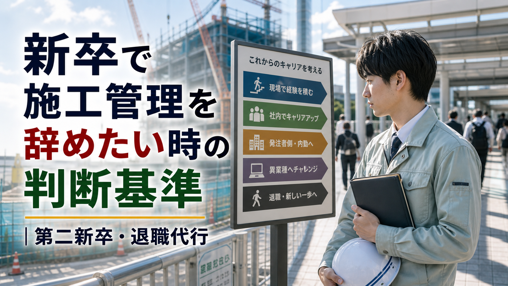 新卒で施工管理を辞めたい時の判断基準|第二新卒・退職代行の内容を表した施工管理向けアイキャッチ画像