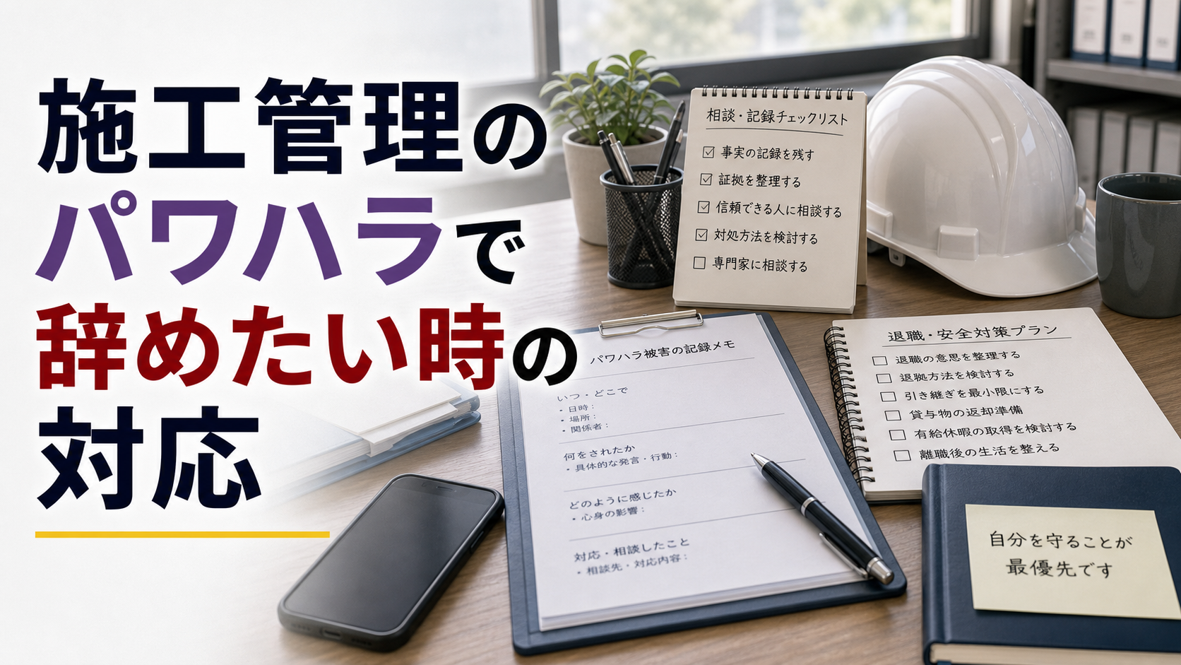 施工管理のパワハラで辞めたい時の対応の内容を表した施工管理向けアイキャッチ画像