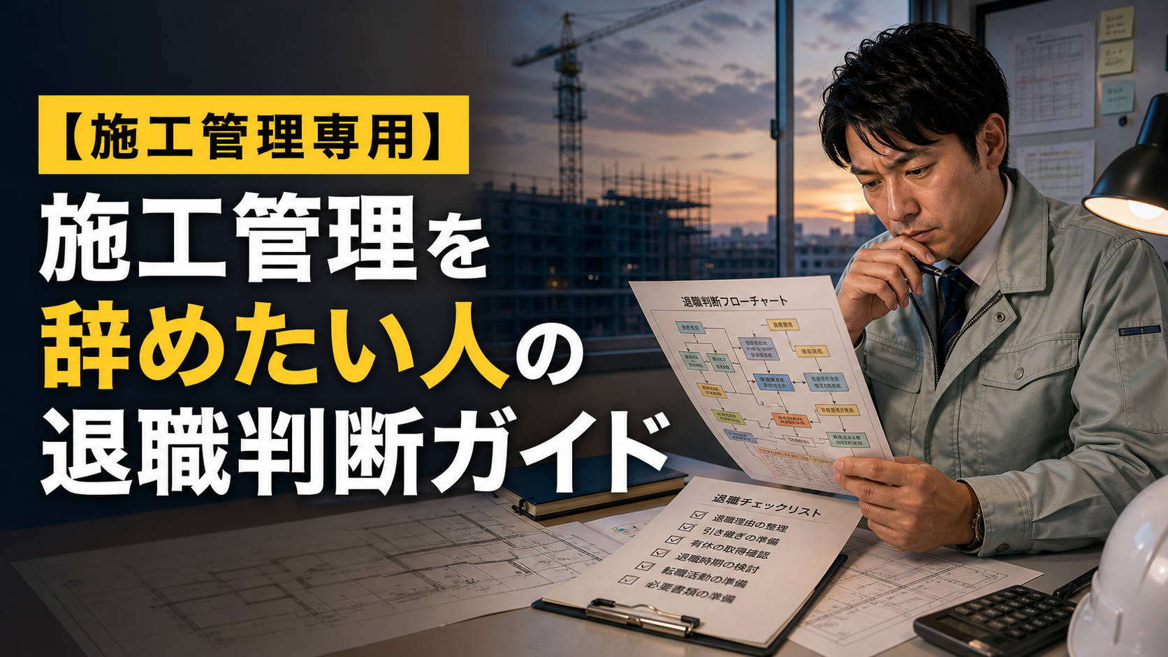 施工管理を辞めたい人の退職判断ガイドの内容を表した施工管理向けアイキャッチ画像